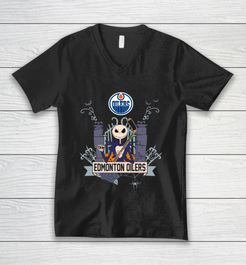 NHL Edmonton Oilers Hockey Jack Skellington Halloween V-Neck T-Shirt