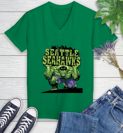 Seattle Seahawks NFL Football Incredible Hulk Marvel Avengers Sports Women's V-Neck T-Shirt 5