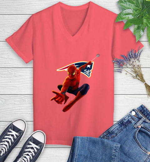 NFL Spider Man Avengers Endgame Football New England Patriots Women's V-Neck T-Shirt 6