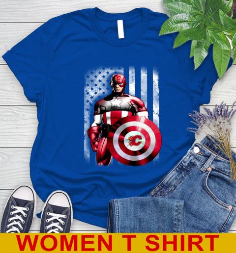 Calgary Flames NHL Hockey Captain America Marvel Avengers American Flag Shirt Women's T-Shirt 10