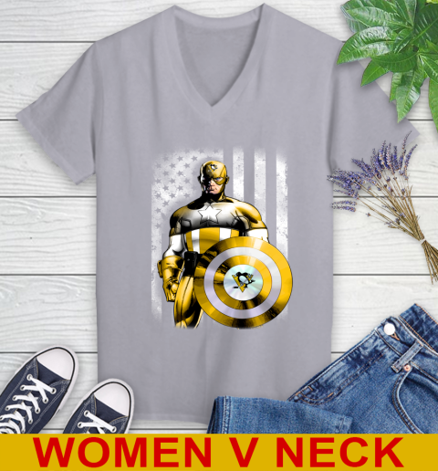 Pittsburgh Penguins NHL Hockey Captain America Marvel Avengers American Flag Shirt Women's V-Neck T-Shirt 4