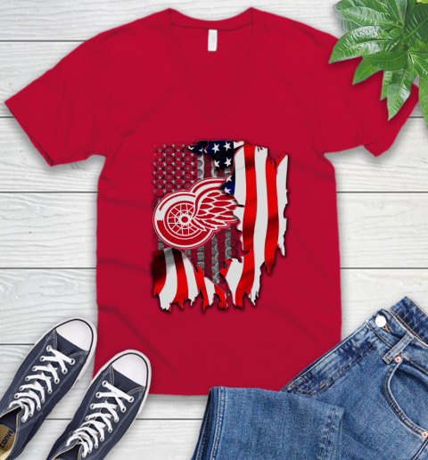 Detroit Red Wings NHL Hockey American Flag V-Neck T-Shirt 6