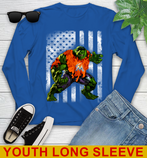 Miami Marlins Hulk Marvel Avengers MLB Baseball American Flag Youth Long Sleeve 10