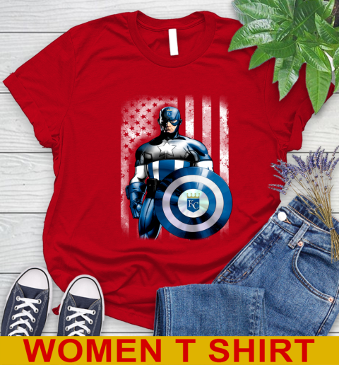 Kansas City Royals MLB Baseball Captain America Marvel Avengers American Flag Shirt Women's T-Shirt 11