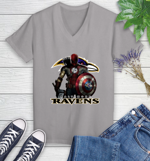 NFL Captain America Thor Spider Man Hawkeye Avengers Endgame Football Baltimore Ravens Women's V-Neck T-Shirt 4