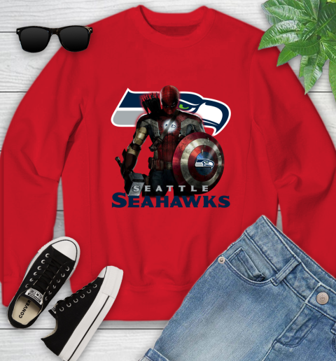 NFL Captain America Thor Spider Man Hawkeye Avengers Endgame Football Seattle Seahawks Youth Sweatshirt 9