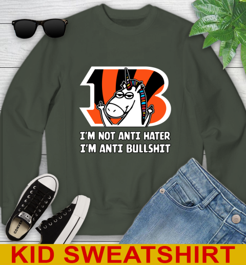 Cincinnati Bengals NFL Football Unicorn I'm Not Anti Hater I'm Anti Bullshit Youth Sweatshirt 9