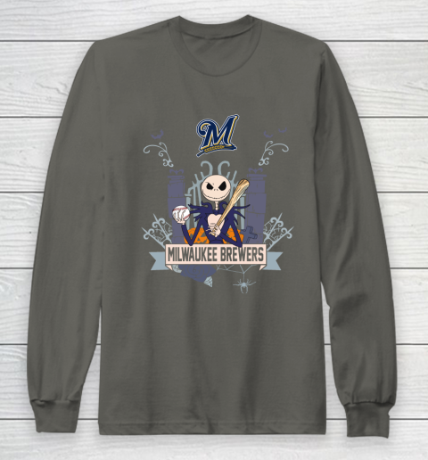 MLB Milwaukee Brewers Baseball Jack Skellington Halloween Long Sleeve T-Shirt 5