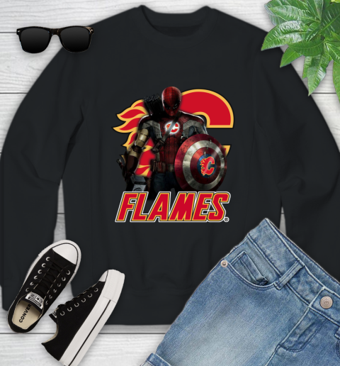NHL Captain America Thor Spider Man Hawkeye Avengers Endgame Hockey Calgary Flames Youth Sweatshirt 2