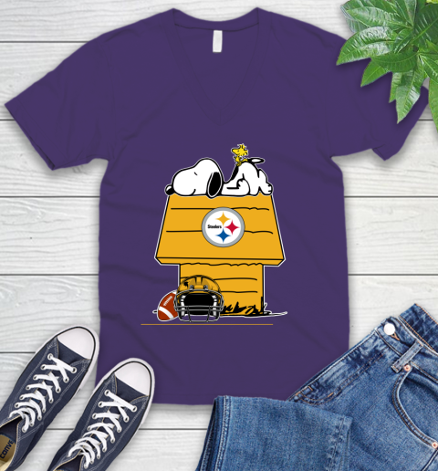 Pittsburgh Steelers NFL Football Snoopy Woodstock The Peanuts Movie V-Neck T-Shirt 10