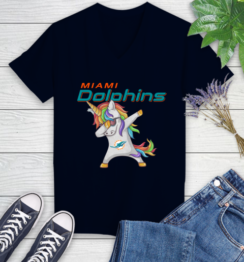 Miami Dolphins NFL Football Funny Unicorn Dabbing Sports Women's V-Neck T-Shirt 3