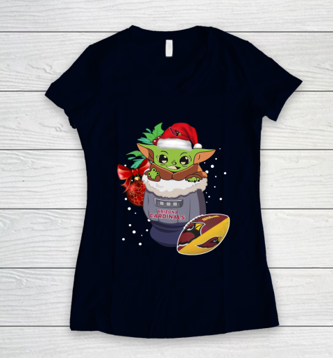 Arizona Cardinals Christmas Baby Yoda Star Wars Funny Happy NFL Women's V-Neck T-Shirt 3