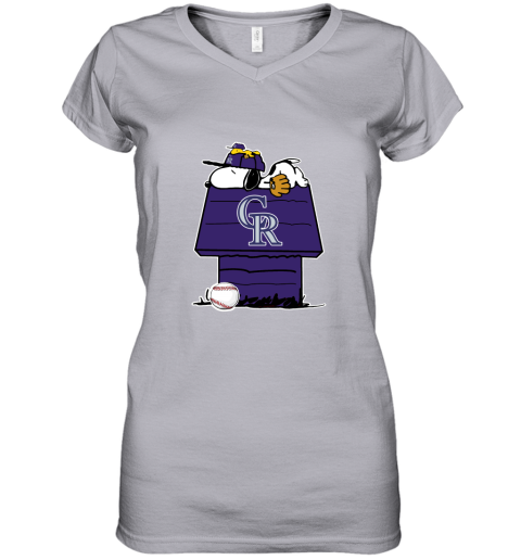 Colorado Rockies Snoopy And Woodstock Resting Together MLB Women's V-Neck T-Shirt