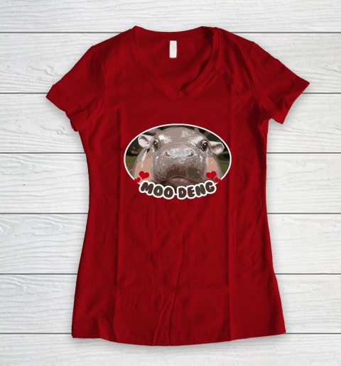 Moo Deng Bouncy Pig in Thai Picture The Cute Baby Hippo Women's V-Neck T-Shirt 6