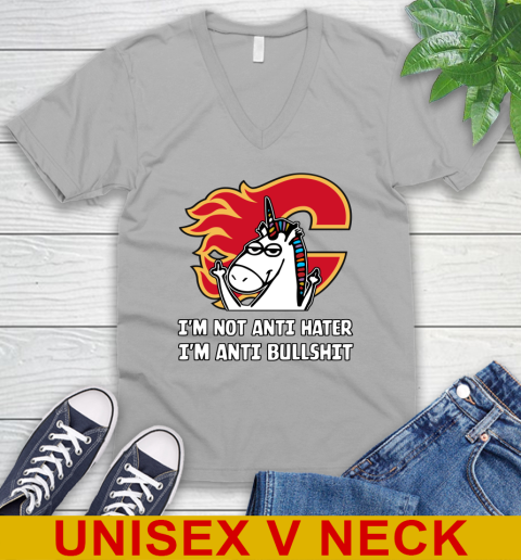 Calgary Flames NHL Hockey Unicorn I'm Not Anti Hater I'm Anti Bullshit V-Neck T-Shirt 4