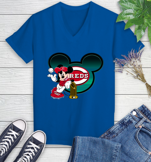 MLB Cincinnati Reds The Commissioner's Trophy Mickey Mouse Disney Women's V-Neck T-Shirt 10