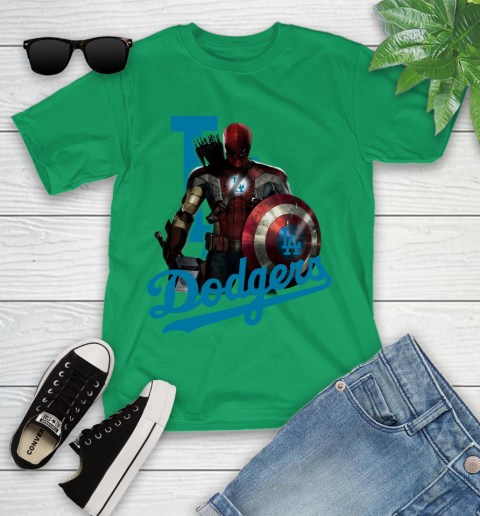 MLB Captain America Thor Spider Man Hawkeye Avengers Endgame Baseball Los Angeles Dodgers Youth T-Shirt 6