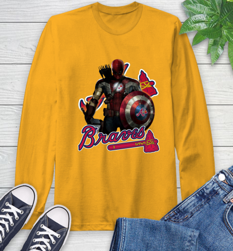 MLB Captain America Thor Spider Man Hawkeye Avengers Endgame Baseball Atlanta Braves Long Sleeve T-Shirt 3