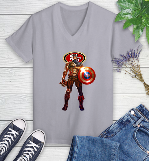 NFL Captain America Marvel Avengers Endgame Football Sports San Francisco 49ers Women's V-Neck T-Shirt 4