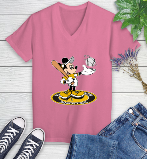 MLB Baseball Pittsburgh Pirates Cheerful Mickey Disney Shirt Women's V-Neck T-Shirt 11