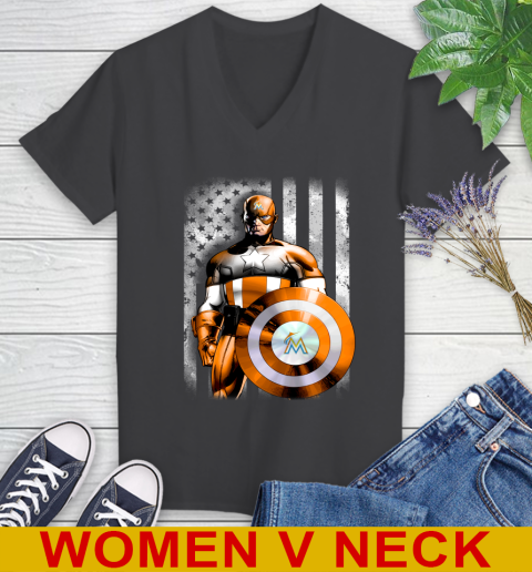 Miami Marlins MLB Baseball Captain America Marvel Avengers American Flag Shirt Women's V-Neck T-Shirt 8