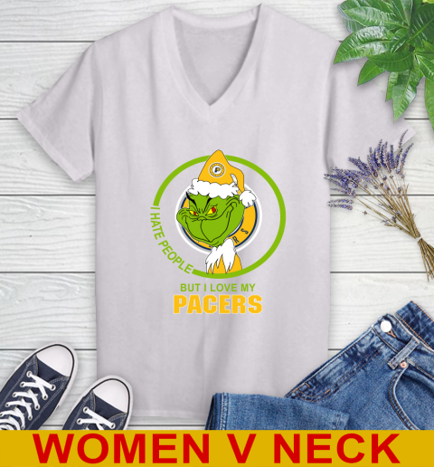 Indiana Pacers NBA Christmas Grinch I Hate People But I Love My Favorite Basketball Team Women's V-Neck T-Shirt