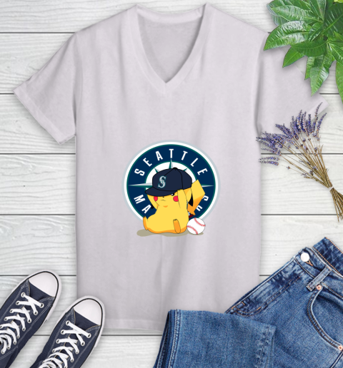 MLB Pikachu Baseball Sports Seattle Mariners Women's V-Neck T-Shirt