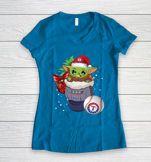 Texas Rangers Christmas Baby Yoda Star Wars Funny Happy MLB Women's V-Neck T-Shirt 7