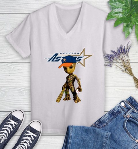 MLB Houston Astros Groot Guardians Of The Galaxy Baseball Women's V-Neck T-Shirt