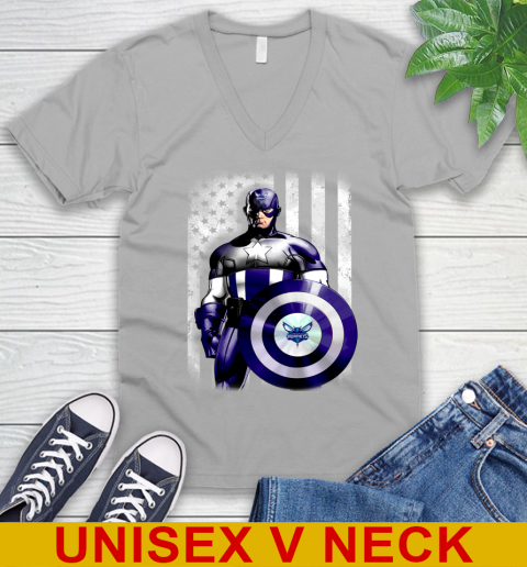 Charlotte Hornets NBA Basketball Captain America Marvel Avengers American Flag Shirt V-Neck T-Shirt 3