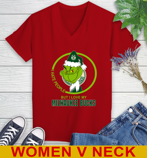 Milwaukee Bucks NBA Christmas Grinch I Hate People But I Love My Favorite Basketball Team Women's V-Neck T-Shirt 12