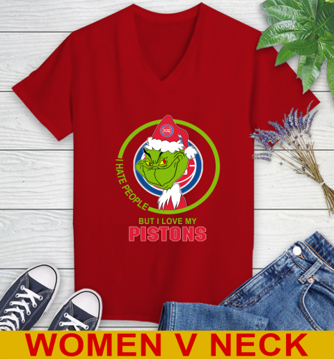 Detroit Pistons NBA Christmas Grinch I Hate People But I Love My Favorite Basketball Team Women's V-Neck T-Shirt 12