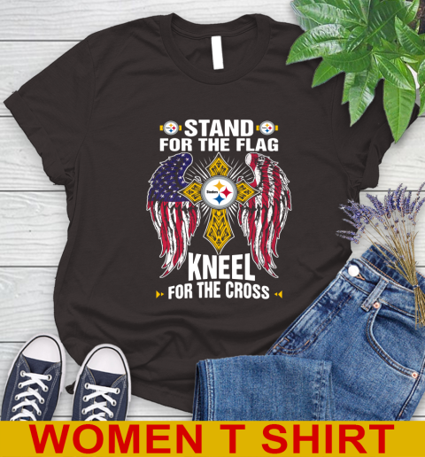 NFL Football Pittsburgh Steelers Stand For Flag Kneel For The Cross Shirt Women's T-Shirt - Image 10