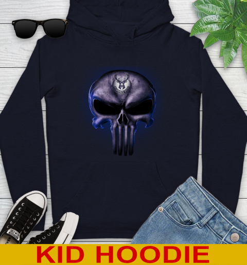 Milwaukee Bucks NBA Basketball Punisher Skull Sports Youth Hoodie 3