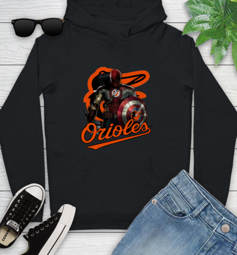 MLB Captain America Thor Spider Man Hawkeye Avengers Endgame Baseball Baltimore Orioles Youth Hoodie 2