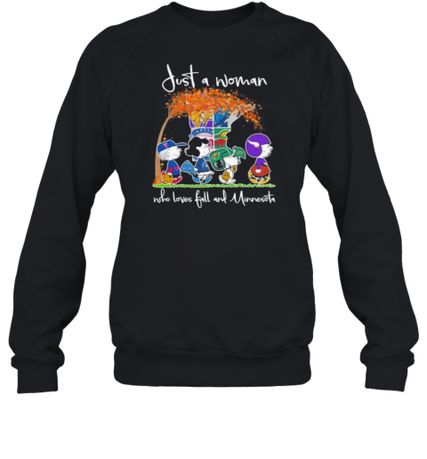 Peanuts Characters Abbey Road Just A Woman Who Loves Fall And Minnesota Sports Teams Sweatshirt