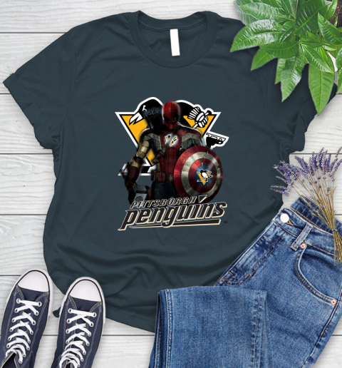 NHL Captain America Thor Spider Man Hawkeye Avengers Endgame Hockey Pittsburgh Penguins Women's T-Shirt 8