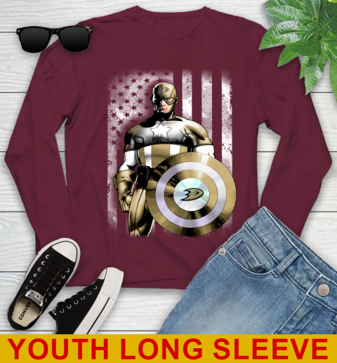 Anaheim Ducks NHL Hockey Captain America Marvel Avengers American Flag Shirt Youth Long Sleeve 6