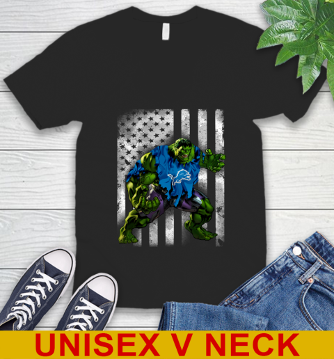 Detroit Lions Hulk Marvel Avengers NFL Football American Flag V-Neck T-Shirt