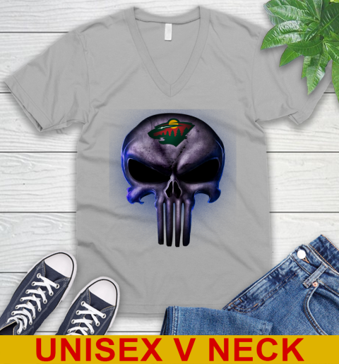 Minnesota Wild NHL Hockey Punisher Skull Sports V-Neck T-Shirt 3