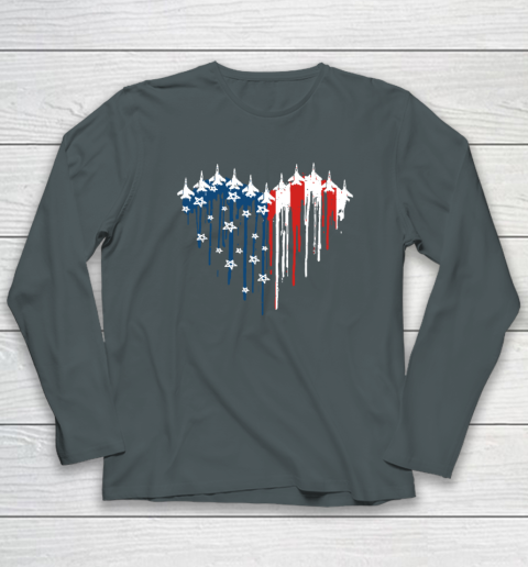 Retro Fighter Jet Airplane American Flag Heart 4th Of July Long Sleeve T-Shirt 3