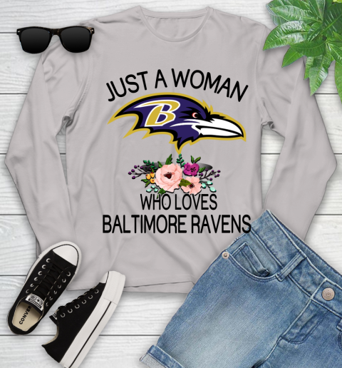 NFL Just A Woman Who Loves Baltimore Ravens Football Sports Youth Long Sleeve 9