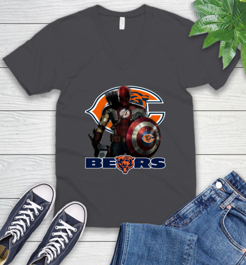 NFL Captain America Thor Spider Man Hawkeye Avengers Endgame Football Chicago Bears V-Neck T-Shirt 5