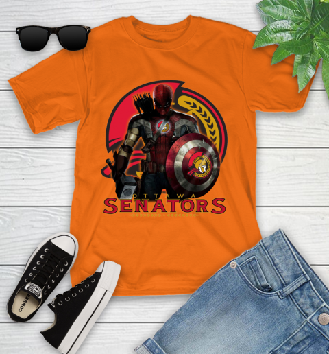 NHL Captain America Thor Spider Man Hawkeye Avengers Endgame Hockey Ottawa Senators Youth T-Shirt 7