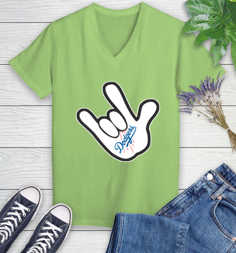 Los Angeles Dodgers MLB Baseball Mickey Rock Hand Disney Women's V-Neck T-Shirt 11