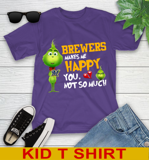MLB Milwaukee Brewers Makes Me Happy You Not So Much Grinch Baseball Sports Youth T-Shirt 3
