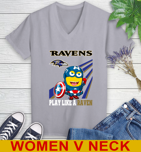 NFL Football Baltimore Ravens Captain America Marvel Avengers Minion Shirt Women's V-Neck T-Shirt 4