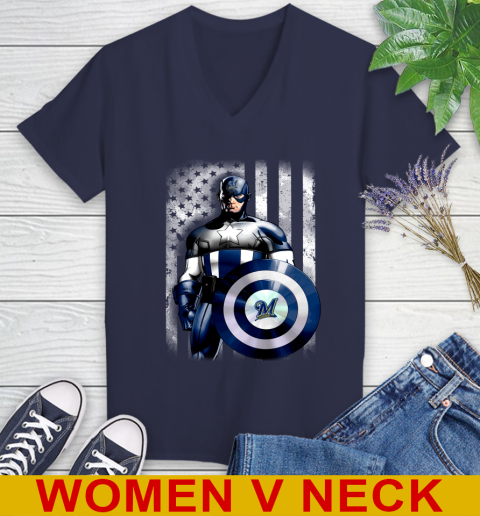 Milwaukee Brewers MLB Baseball Captain America Marvel Avengers American Flag Shirt Women's V-Neck T-Shirt 13 Milwaukee Brewers MLB Baseball Captain America Marvel Avengers American Flag Shirt Women's V-Neck T-Shirt - Image 13