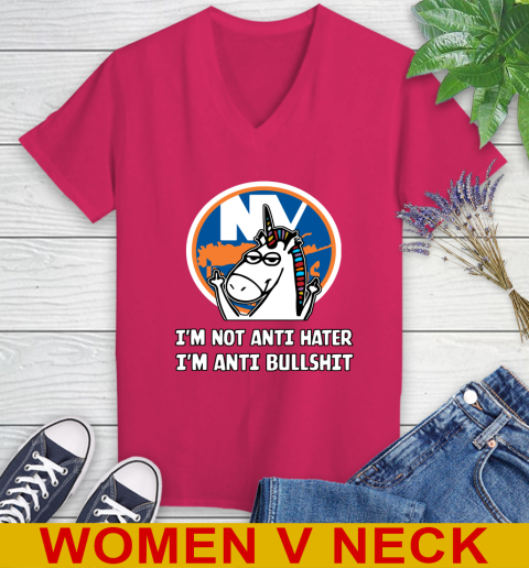 New York Islanders NHL Hockey Unicorn I'm Not Anti Hater I'm Anti Bullshit Women's V-Neck T-Shirt 10