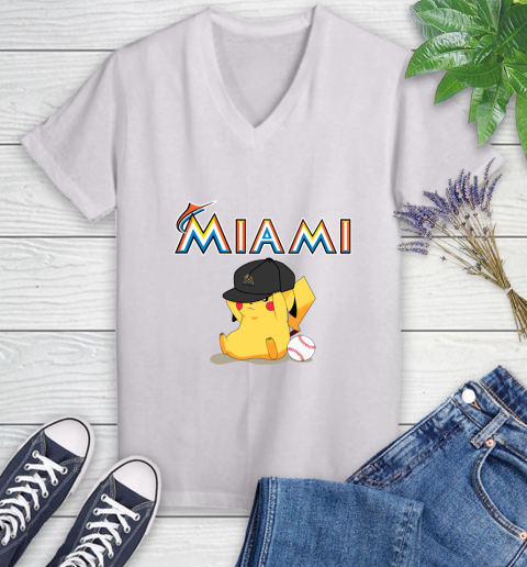 MLB Pikachu Baseball Sports Miami Marlins Women's V-Neck T-Shirt